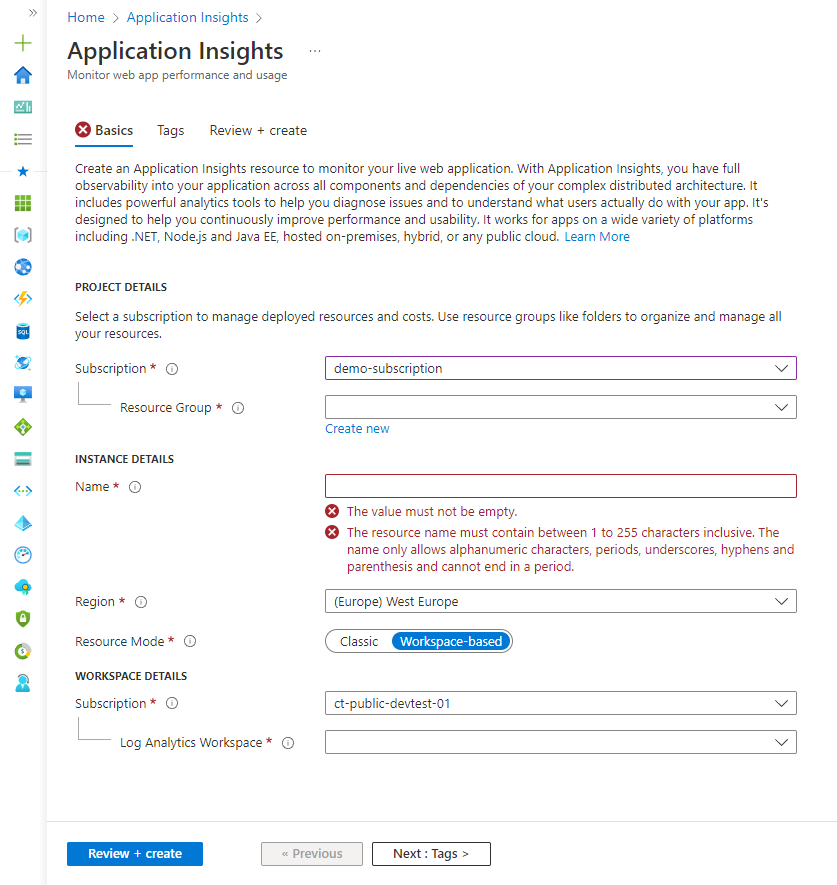 Creating a new instance through the Azure Portal