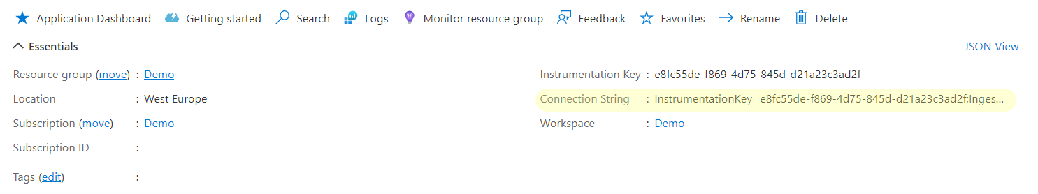 Copying the connection string from the portal. Do not worry, the credentials shown here are not real