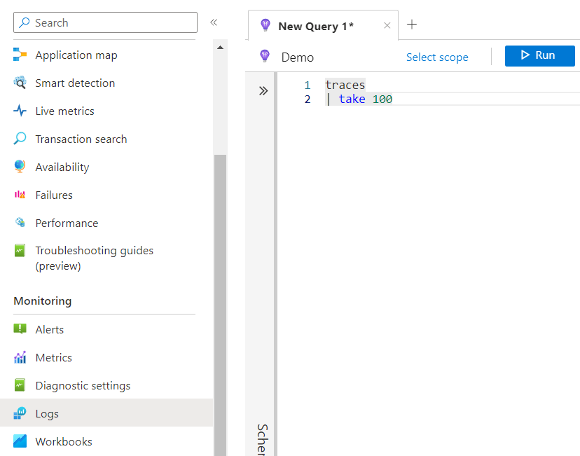 Inspecting the collected logs using the Azure Portal 